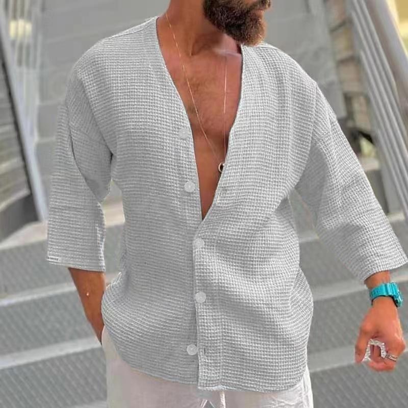 Men's Shirt Summer Shirt Button Up Shirt Casual Shirt Beach Shirt Black White Light Grey Beige 3/4 Length Sleeve Plain V Neck Hawaiian Holiday Clothing Apparel Fashion Casual Comfortable2