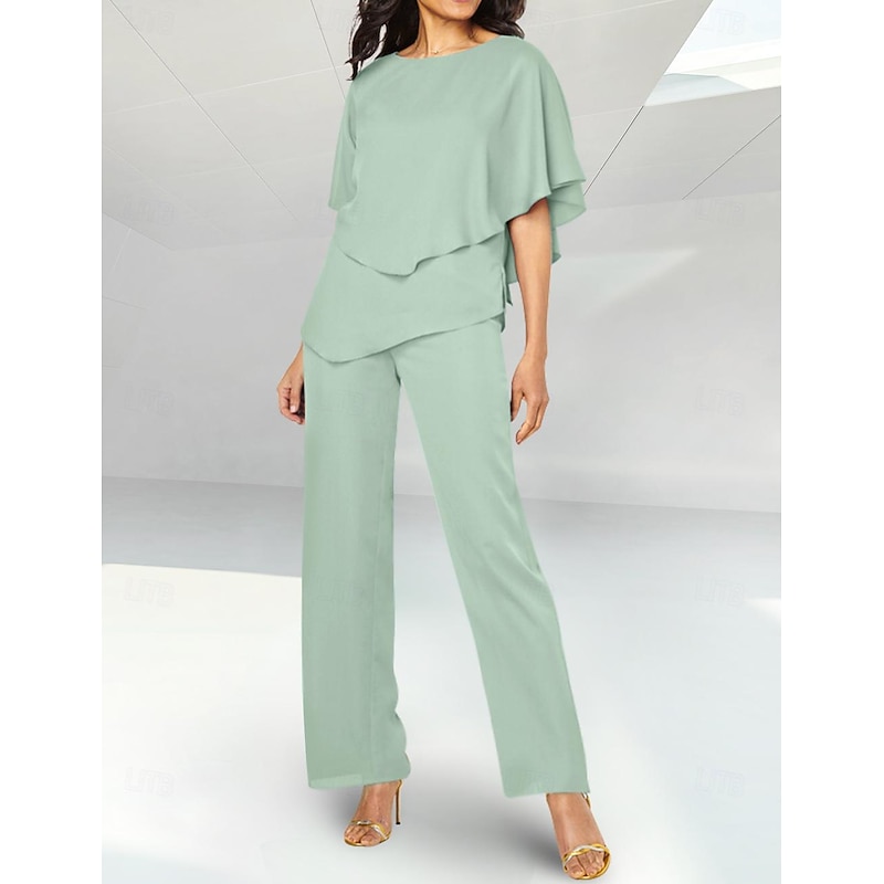 Two Piece Mother of the Bride  Beach Wedding Elegant Petite Jewel Neck Floor Length Chiffon Short Sleeve with Ruched