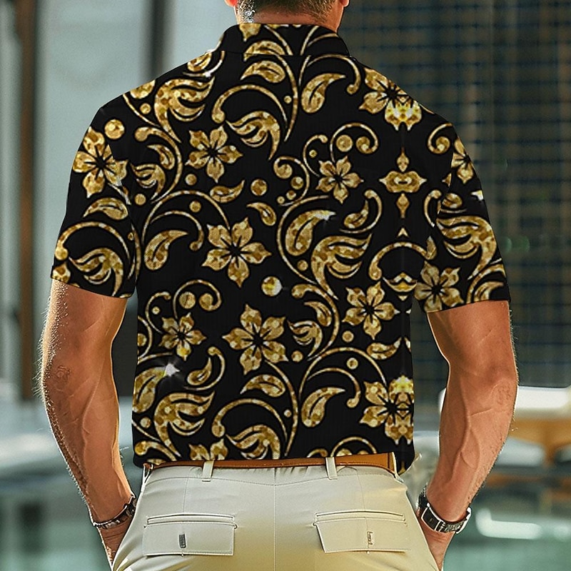 Men's Baroque Waffle Polo Shirts Golf Shirt Short Sleeve Polo Shirts Collared Shirts Vacation Wear Party Outfits Buttons 3D Print Summer Spring Black2