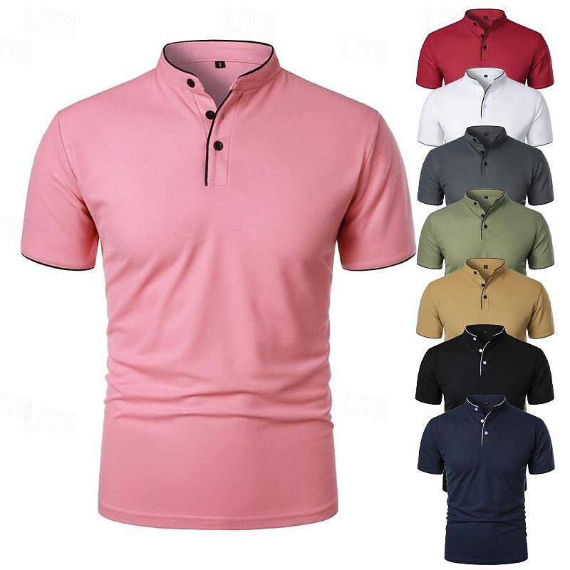 Men's Golf Shirt Golf Polos Shirts Work Casual Stand Collar Short Sleeve Basic Modern Color Block Patchwork Buttons Spring & Summer Regular Fit Wine Black White Pink Navy Blue Green Golf Shirt