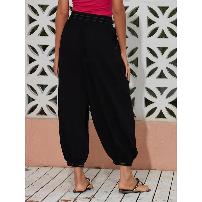 Women's Linen Black Loose Pleated Adjustable Drawstring Dhoti Pants with Pockets4
