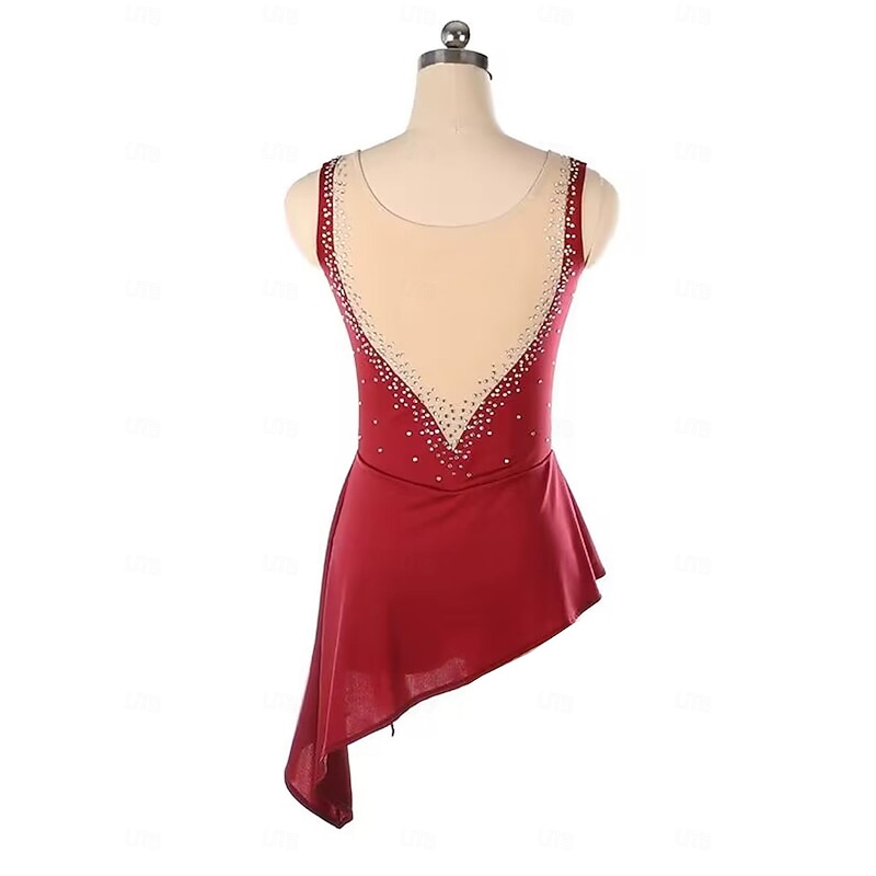 Figure Skating Dress Women's Girls' Ice Skating Dress Burgundy Patchwork Open Back Mesh Spandex Stretchy Training Practice Professional Skating Wear Thermal Warm Crystal / Rhinestone Sleeveless Ice2