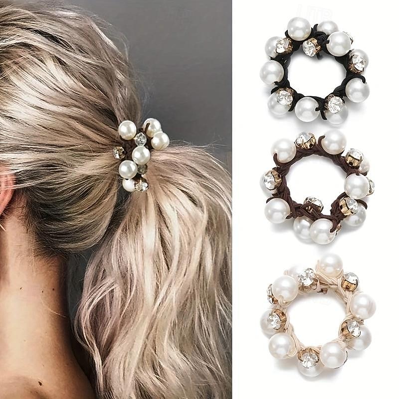 Vintage Glam Scrunchie Set - Faux Pearl & Rhinestone Detail, Comfort Hold for Trendy Hairstyles