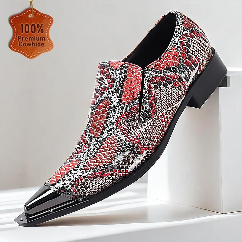 Men's Exotic Red Leather Snake Skin Print Loafers with Gold Tip Pointed Toe and Low Block Heel