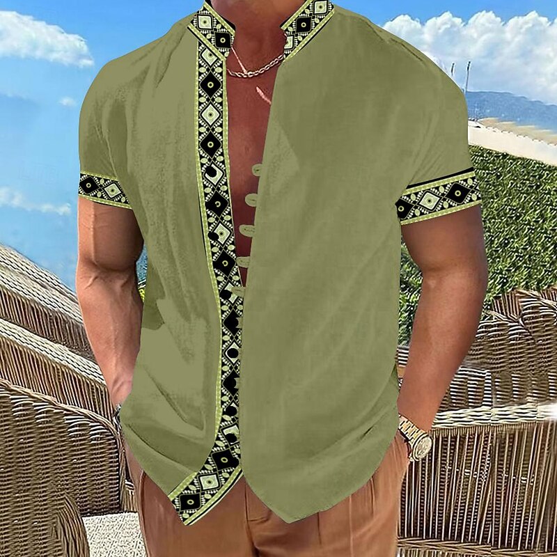 Men's Southwestern Print Button Up Shirt Printed Shirts Short Sleeve Hawaiian Resort Vacation Holiday Daily Wear Summer Standing Collar Print Button-Down Blue Brown Green