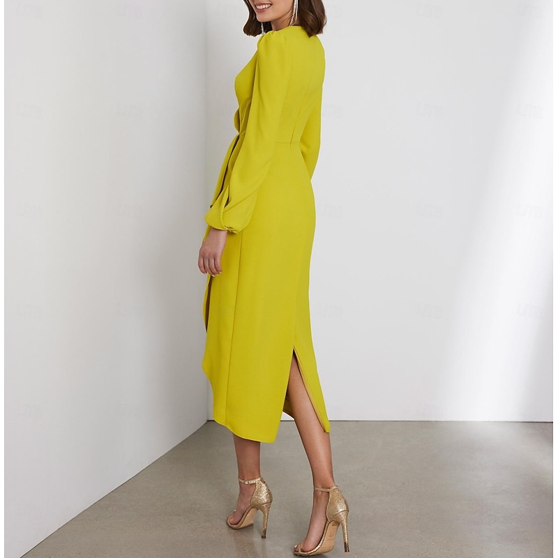 Sheath Wedding Guest Dresses Elegant Dress Formal Cocktail Party Tea Length Long Sleeve V Neck Stretch Chiffon with Ruched2