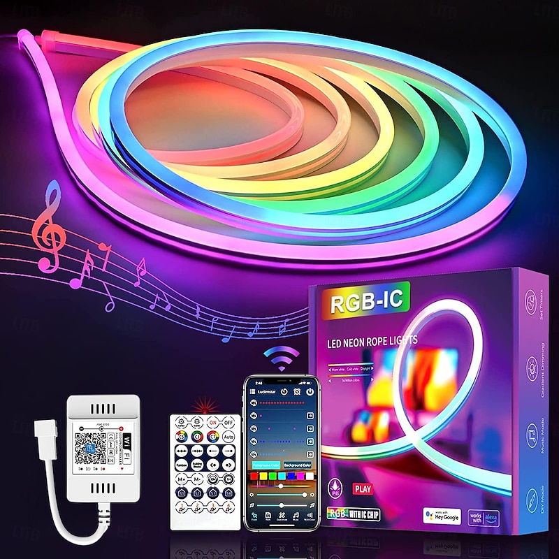 Waterproof Neon Light Strip Light WS2811 LED Light Bar Neon Light 2-5M Addressable RGB Rainbow Pixel Light Bar Supply WIFI  APP Control Synchronize Music Control to DIY LED Neon Sign Art Wall Decoration Lighting DC12V Including Power