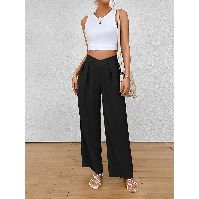 Women's Wide Leg Pants Trousers Fashion Long Plain Wide Leg Breathability Comfortable Micro-elastic Daily Wear Black Khaki Spring & Summer Regular Fit2