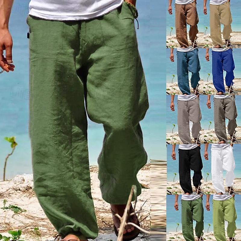 Men's Trousers Summer Pants Beach Pants Drawstring Elastic Waist Straight Leg Plain Comfort Yoga Daily Fashion Streetwear Navy Black