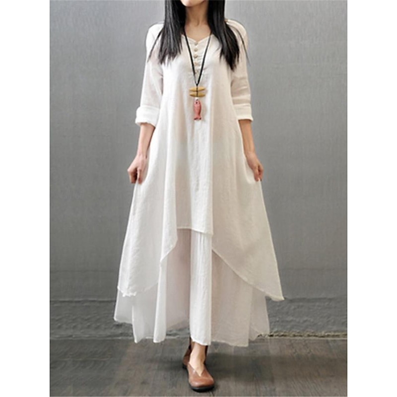 Women's Black White Yellow Summer Spring Maxi Dress Linen-Inspired Dresses White Dress Casual Dress Basic Modern Daily Weekend Loose Fit Plain V Neck4