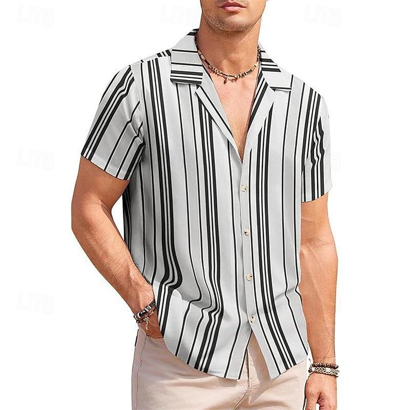 Men's Shirt Summer Shirt Casual Shirt Beach Shirt Button Up Shirt Light Grey Short Sleeve Stripes Camp Collar Vacation Hawaiian Clothing Apparel Polyester Fashion Casual Comfortable