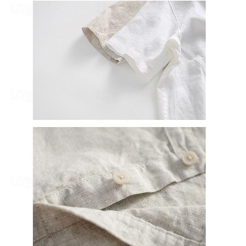 Men's Shirt White Cotton Shirt Casual Shirt Cotton Linen Shirt Plain Vacation Street White Beige Short Sleeve Crew Neck Summer Clothing Apparel Button-Down 8