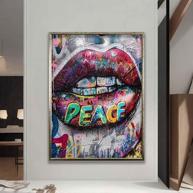 Graffiti art oil painting handmade lip canvas with peace writing lip art hand painted graffiti art street art painting wall art oil painting handmade famous oil painting4