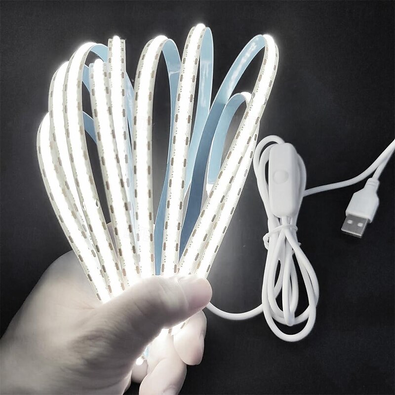 Waterproof COB USB 5V LED Strip Light, High Gloss LED Soft Flexiable Strip Light with USB Switch 3.28-16 ft (1-5M) 480 LED/Meter Waterproof Flexible Self-adhesive Safety Tape Light Suitable for Kitchen Garage TV Wall and Home DIY Lighting3