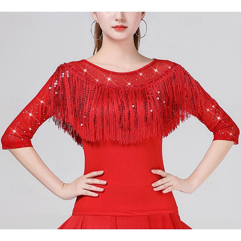 Latin Dance Ballroom Dance Top Tassel Pure Color Splicing Women's Performance Training Half Sleeve High Polyester
