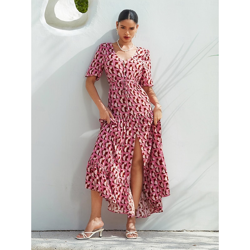 Women's Resort Wear Long Dress Maxi Dress Pink Short Sleeve Geometic Drawstring Spring & Summer V Neck beach vacation S M L4