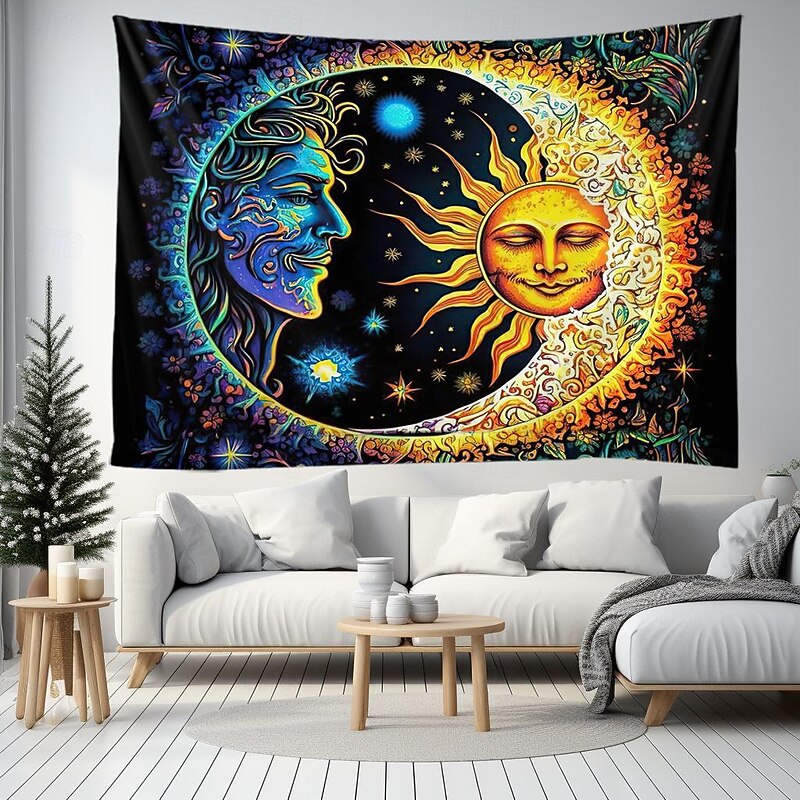 Blacklight Tapestry UV Reactive Glow in the Dark Glow Party Neon Sun Moon Mandala Psychedelic Trippy Misty Hanging Tapestry Wall Art Mural for Living Room Bedroom2