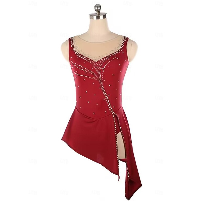 Figure Skating Dress Women's Girls' Ice Skating Dress Burgundy Patchwork Open Back Mesh Spandex Stretchy Training Practice Professional Skating Wear Thermal Warm Crystal / Rhinestone Sleeveless Ice