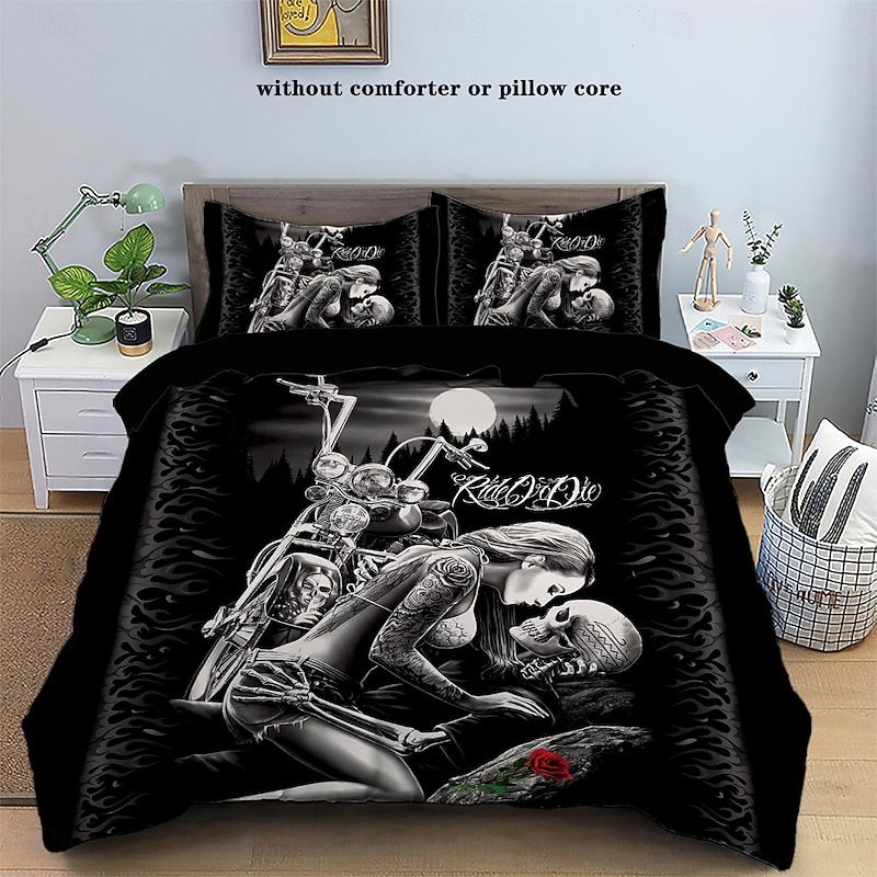 100% Cotton Floral Skull Knight 3 Piece Quilt Cover Set Human Skeleton Couple Printed Bedding Set 3 Piece Suitable for Couples and Adults Gothic Quilt Cover Set Super Soft Breathable Short Fluff Bedding Set Light