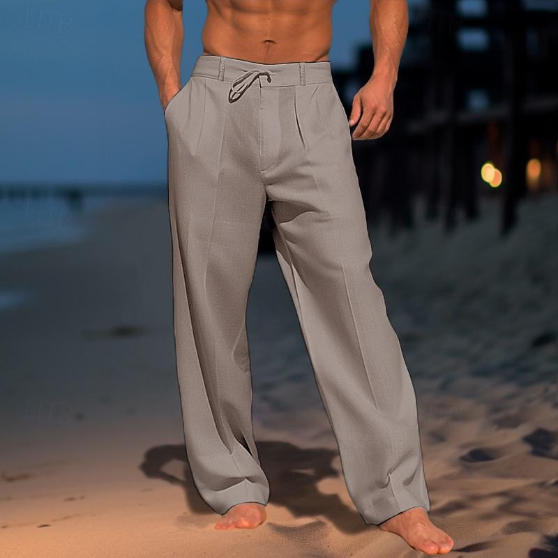 Men's Trousers Summer Pants Beach Pants Drawstring Pleats Straight Leg Plain Comfort Breathable Wedding Casual Daily Fashion Classic Style Black White3