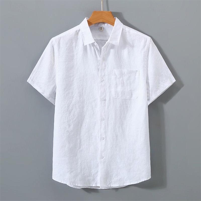 Men's Shirt Linen Shirt Casual Shirt Cotton Linen Shirt Button Up Shirt Plain Vacation Street White Navy Blue Khaki Light Grey Short Sleeve Turndown Summer Clothing Apparel Button-Down