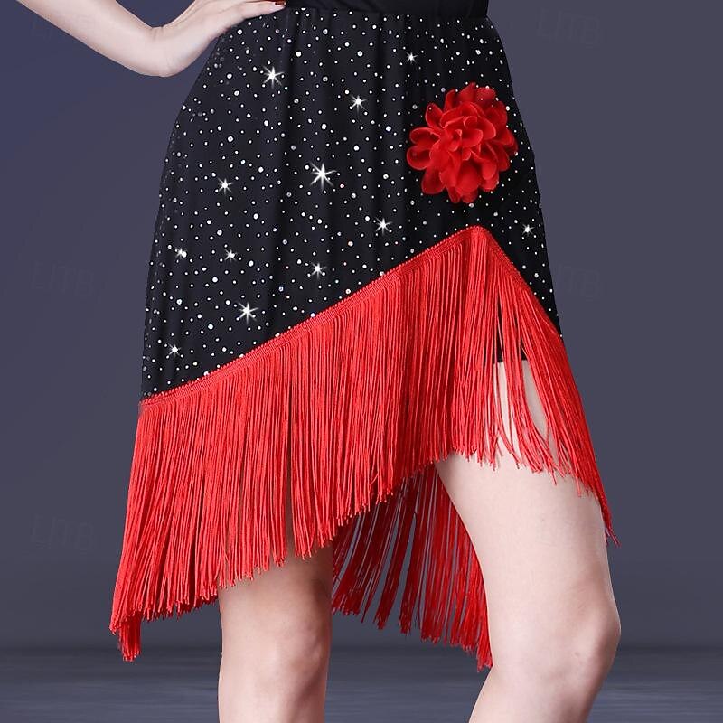 Latin Dance Ballroom Dance Skirts Glitter Tassel Pure Color Women's Performance Training High Polyester