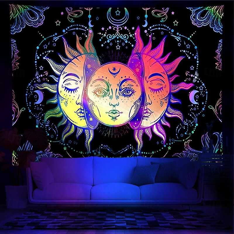 Blacklight Tapestry UV Reactive Glow in the Dark Glow Party Neon Sun Moon Mandala Psychedelic Trippy Misty Hanging Tapestry Wall Art Mural for Living Room Bedroom4