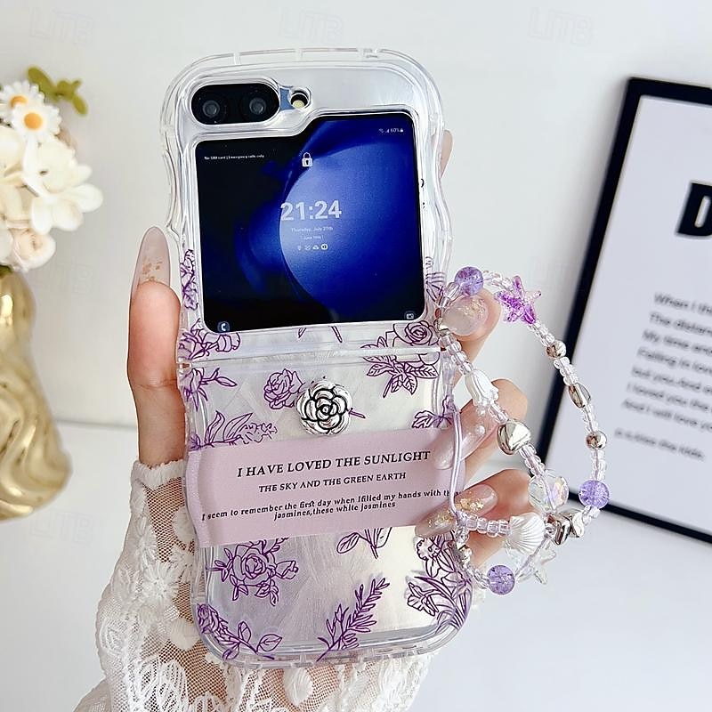 Phone Case For Samsung Galaxy Z Flip 6 Z Flip 5 Z Flip 4 Z Flip 3 Back Cover Translucent with Wrist Strap Shockproof Cartoon Flower Floral TPU4