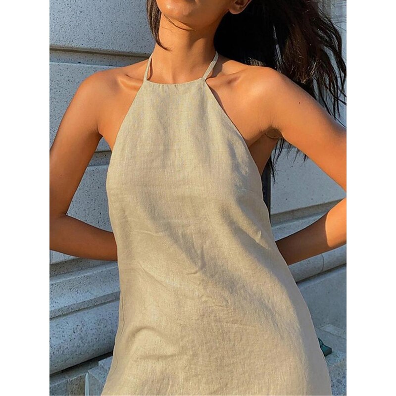 Women's Brown Summer Spring Mini Dress Cotton Linen Dresses Casual Dress Strap Dress Basic Modern Vacation Daily Weekend Loose Fit Plain Halter Neck4