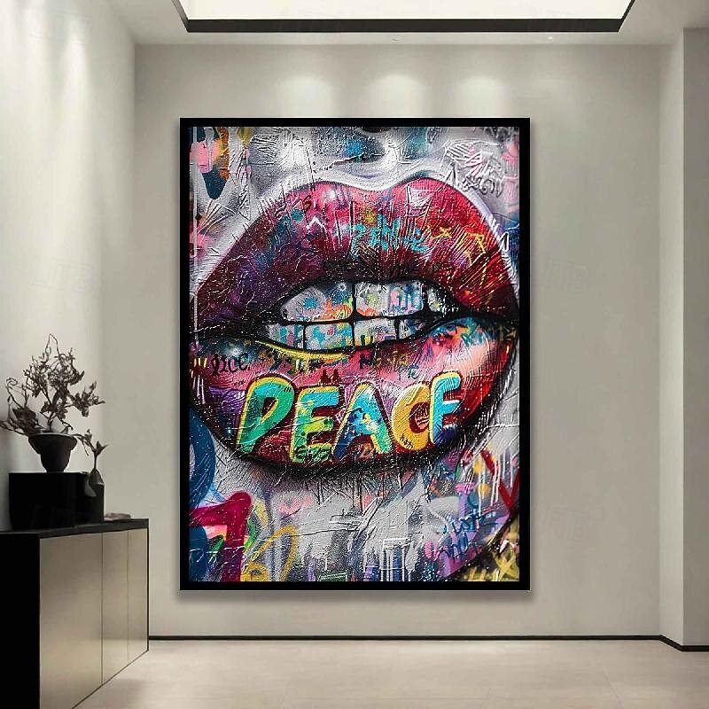 Graffiti art oil painting handmade lip canvas with peace writing lip art hand painted graffiti art street art painting wall art oil painting handmade famous oil painting3