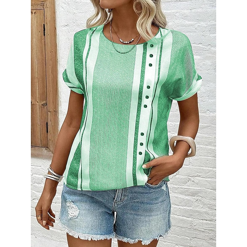 Women's Blouse Chic Striped Pattern with Button Embellishments V-neck Short Sleeve Summer Spring Casual Daily Linen Like Wear Versatile Fit Gray Black Off-white 6