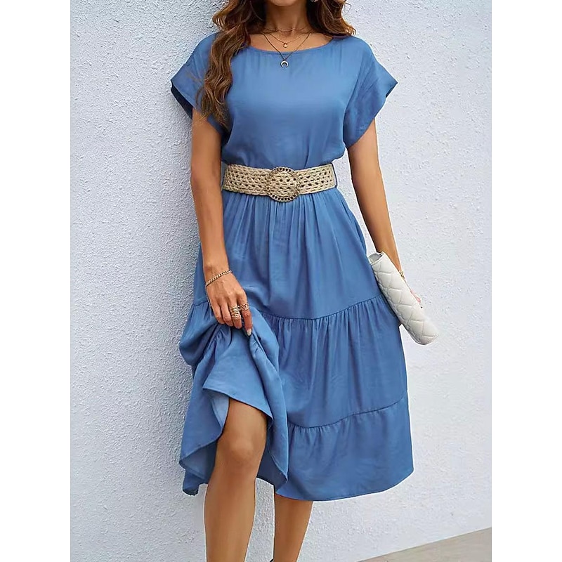 Women's Casual Dress Midi Dress Imitation Denim Ruched Casual Crew Neck Short Sleeve Blue Color Without Belt4