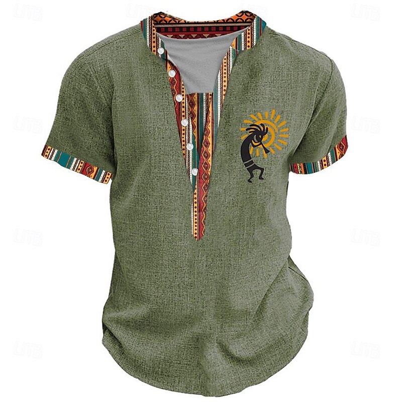 Kokopelli Spiral Design Tribal Bandana Print Designer Ethnic Men's 3D Print Tee Henley Shirt Casual Daily Holiday T shirt Green Khaki Short Sleeve Henley Shirt Summer Spring Clothing Apparel S-3XL