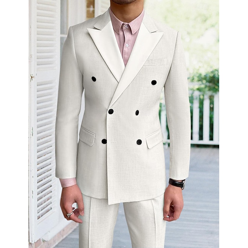 Men's Wedding Suits Peaked Lapel White Sky Blue Solid Colored Tailored Fit 2 Piece Double Breasted Six-buttons
