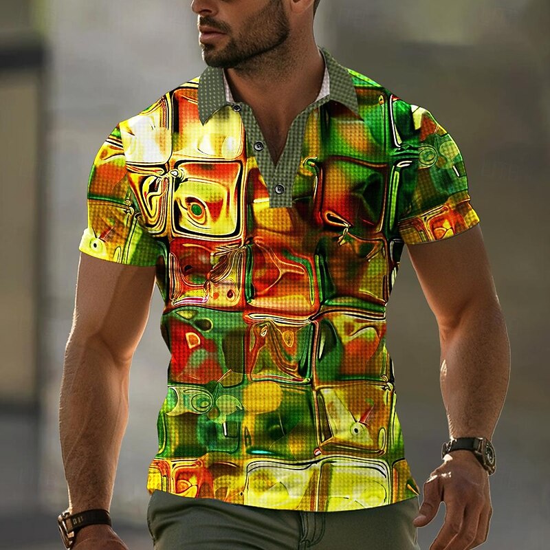 Men's Graphic Waffle Polo Shirts Golf Shirt Short Sleeve Polo Shirts Collared Shirts Vacation Wear Rave Wear Party Outfits Buttons 3D Print Summer Spring Orange