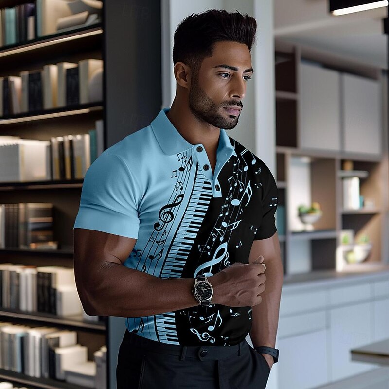 Music Festival Men's Music Polo Shirts Golf Shirt Short Sleeve Polo Shirts Collared Shirts Casual Vacation Wear Festival Wear Party Outfits Buttons 3D Print Spring & Summer White Blue2