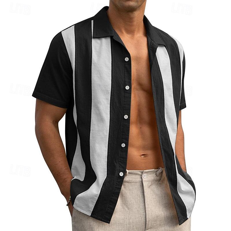 Men's Shirt Summer Shirt Casual Shirt Beach Shirt Button Up Shirt Striped Shirts Black Green khaki Short Sleeve Stripes Camp Collar Vacation Hawaiian Clothing Apparel Fashion Casual Comfortable2