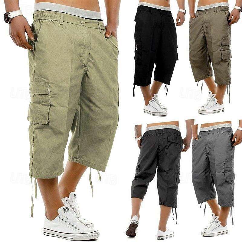 Men's Tactical Shorts Cargo Shorts Capri Pants Buttons Elastic Waist Multi Pocket Plain Wearable Calf-Length Outdoor Daily Camping & Hiking Fashion Classic Black Blue
