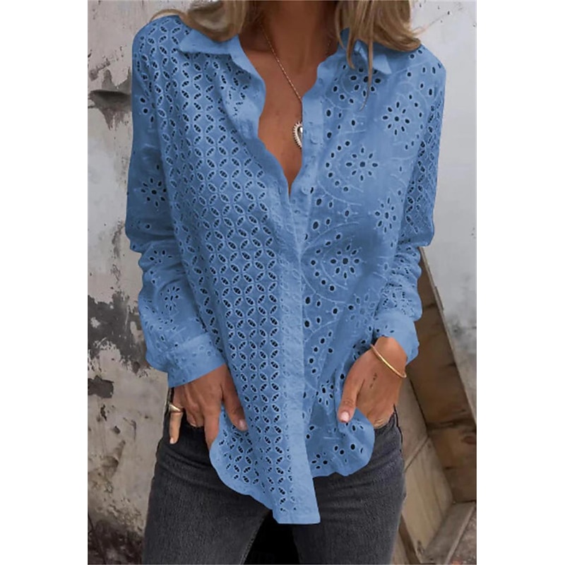 Women's White Elegant Lace Tops Eyelet Blouse Plain Button Cut Out Street Daily Fashion Shirt Collar Regular Fit Romantic Petite Tops Summer Holiday Wear Black White Red4