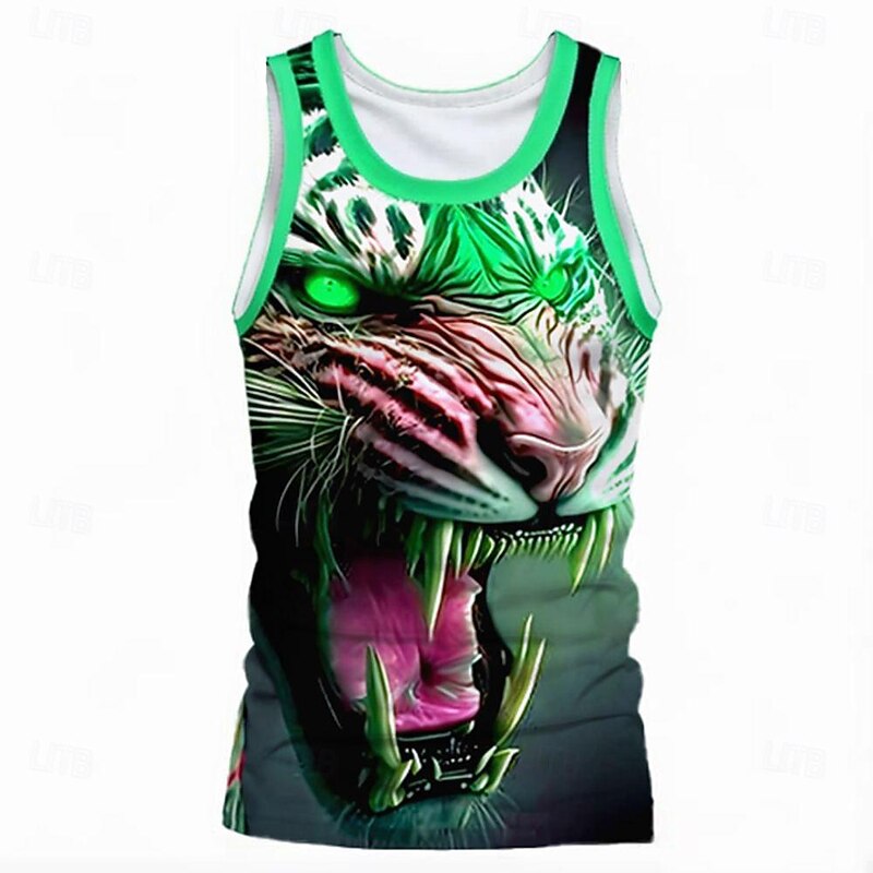 Men's Tiger Tank Sleeveless T shirt Crew Neck Shirt Ugly Exaggerated Carnival Party Casual Green Summer Clothing Apparel S M L XL XXL XXXL