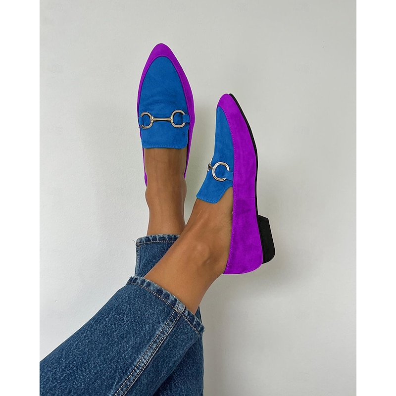 Women's Vibrant Yellow and Purple Faux Suede Loafers - Pointed Toe Slip-On Flats with Metallic Buckle Detailing for Chic Casual Style2
