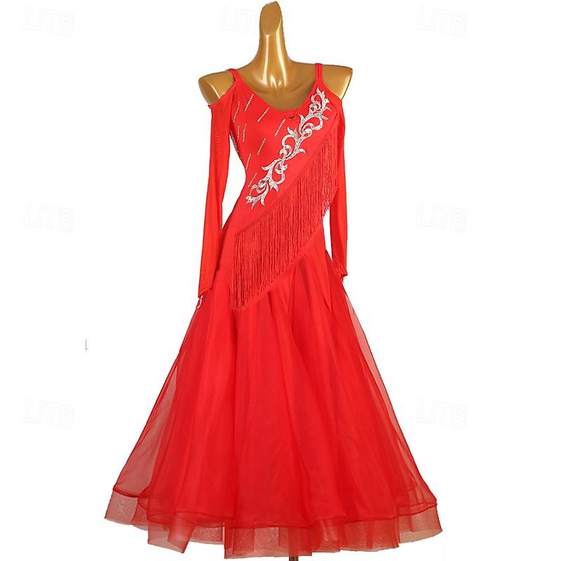 Ballroom Dance Dress Rhinestone Pure Color Women's Performance Training Long Sleeve High Chinlon Organza Tulle2