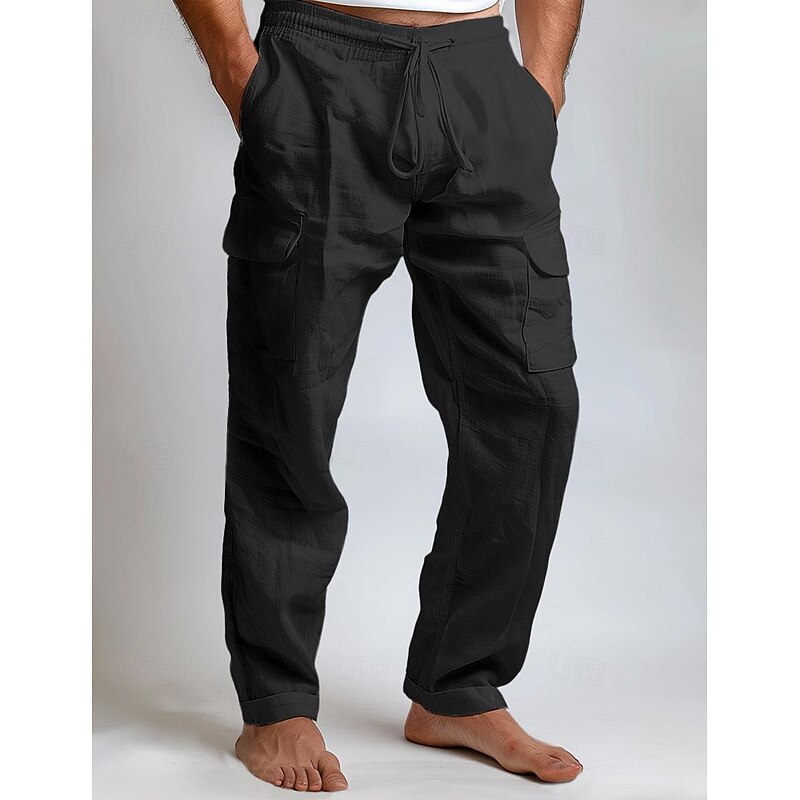 Men's Cargo Pants Trousers Summer Pants Beach Pants Drawstring Elastic Waist Multi Pocket Plain Comfort Breathable Full Length Outdoor Daily Going out Fashion Casual Black White Inelastic3