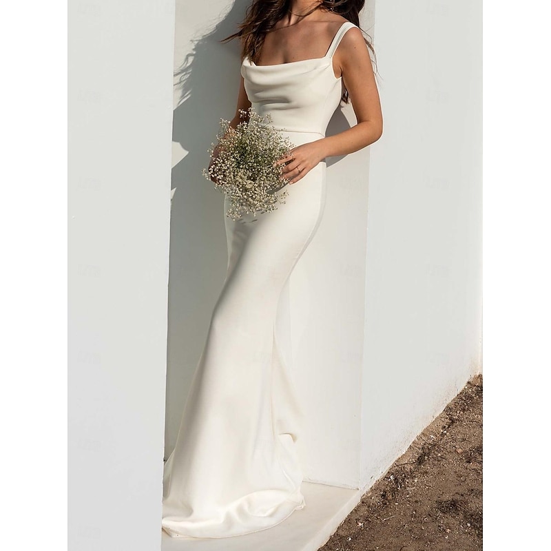 Wedding Dresses Beach Wedding Sheath Camisole Spaghetti Strap Court Train Satin Bridal Gowns With Beading Solid Color4