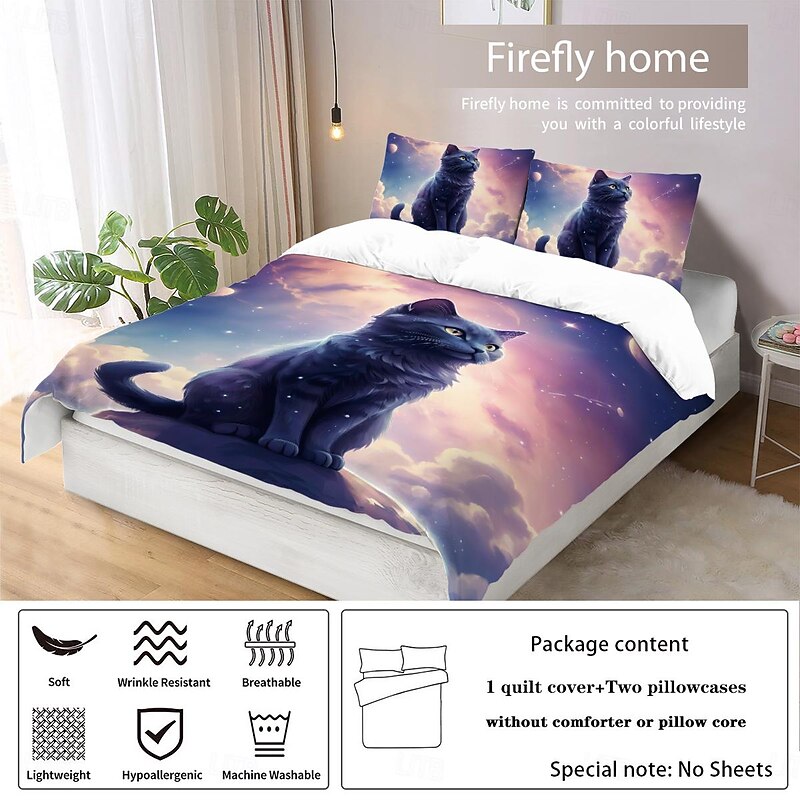Starry Sky Black Night Cat Duvet Cover 3-piece Set Plush Cloth Lightweight and Soft Short Fluff Set for Summer4