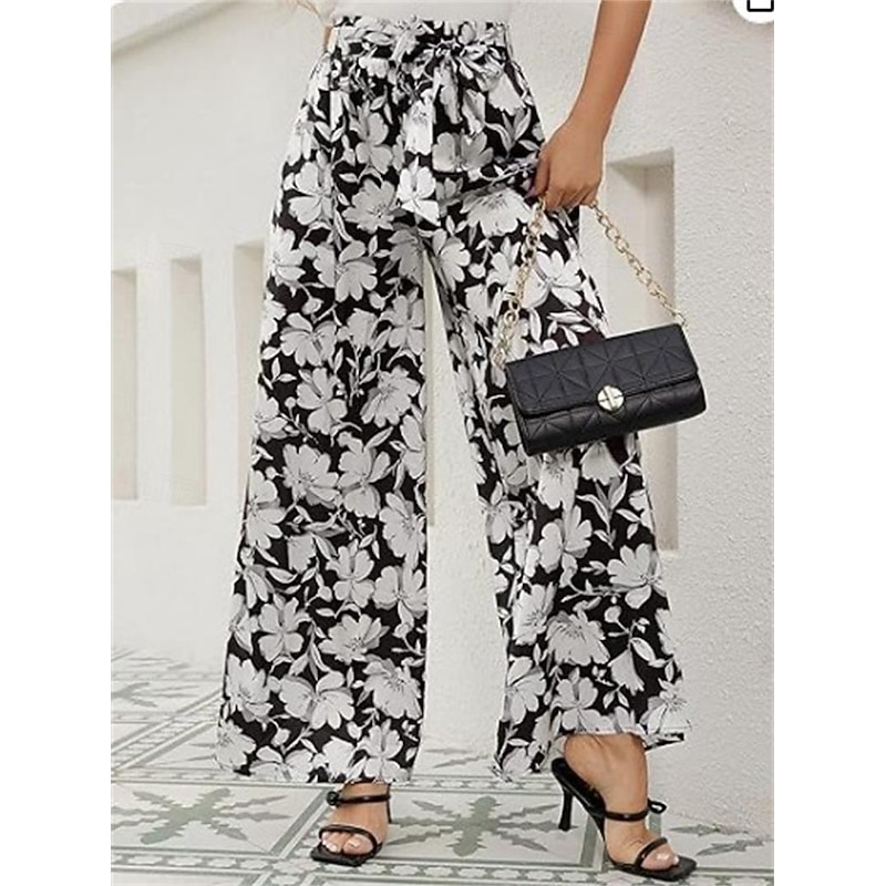 Women's Wide Leg Pants Trousers Casual Daily Long Floral Wide Leg Print Breathability Comfortable Micro-elastic Going out Weekend Black Yellow Light Green Green Spring & Summer Loose Fit