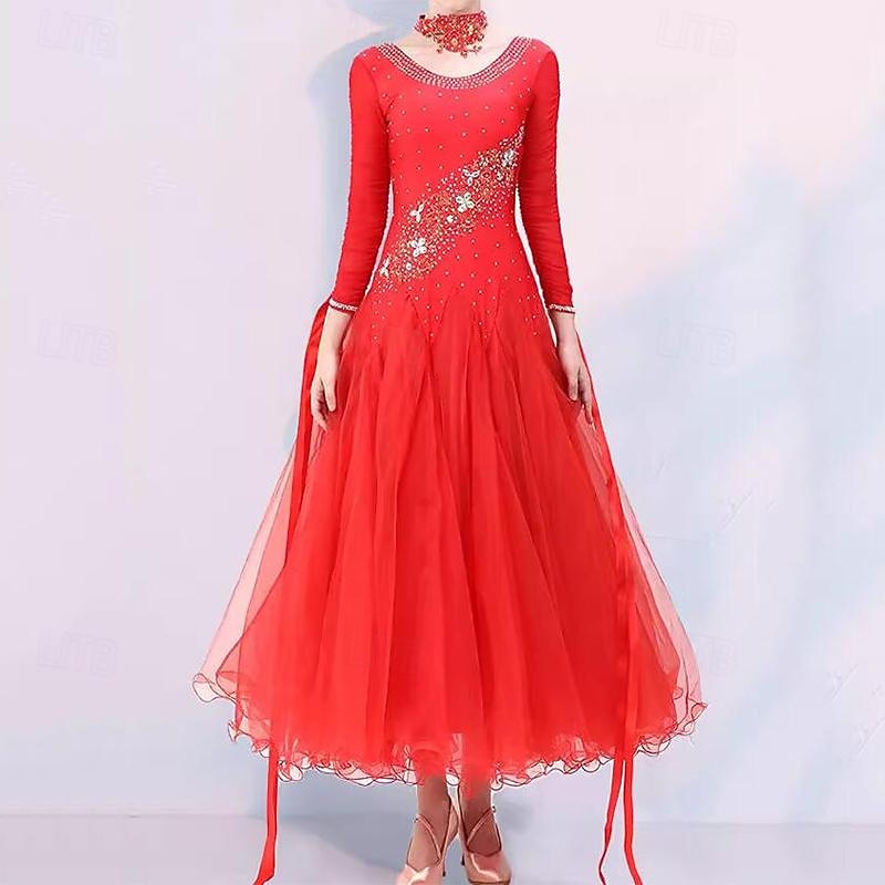 Ballroom Dance Dress Crystals / Rhinestones Women's Performance Party Long Sleeve Elastane3