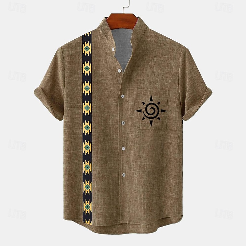 Men's Shirt Button Up Shirt Short Sleeve Vintage Casual Tribal Vacation Daily Summer Spring Band Collar Print Green Khaki Beige3