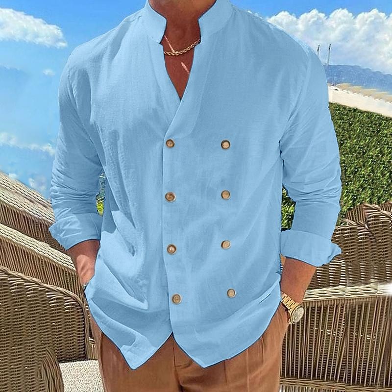 Men's Shirt Linen Shirt Popover Shirt Summer Shirt Beach Wear Button Up Shirt Plain Vacation Curise Black Blue Beige Long Sleeve Band Collar Spring & Summer Clothing Apparel2