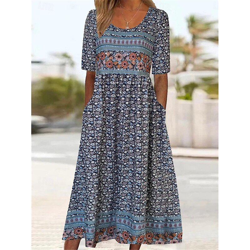 Women's Midi Dress Casual Dress Summer Dress Boho Dress Ethnic Casual Vacation Daily Date Regular Fit Floral Short Sleeve Crew Neck White Navy Blue Royal Blue Blue Summer